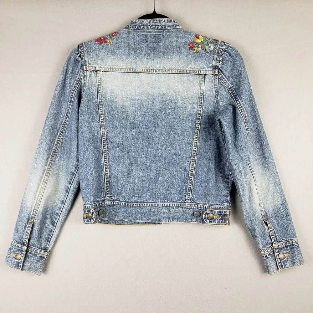 Polo Ralph Lauren Size M Needlepoint Embroidered‎ Denim Trucker Jacket Scandi